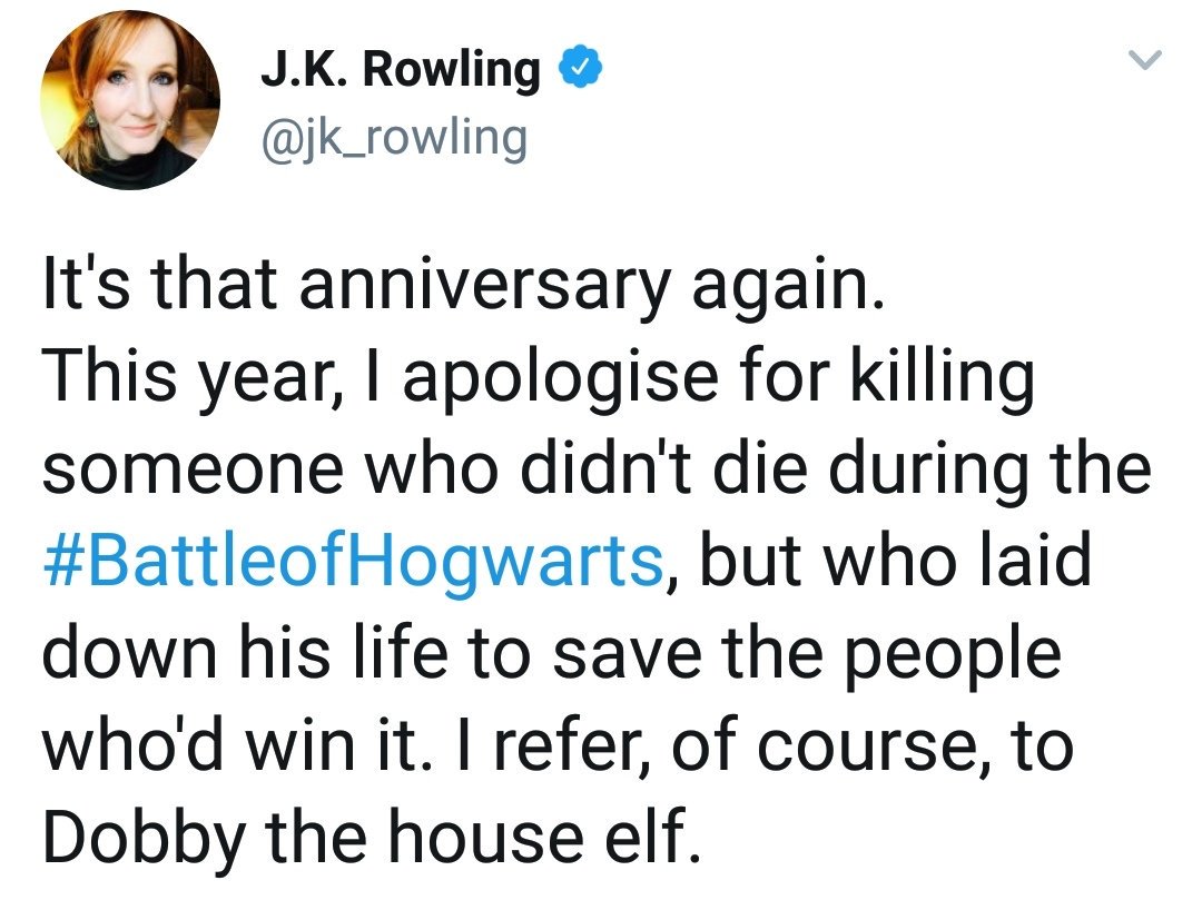 Harry_Potter_TM's tweet photo. J.K. Rowling ha pedido perdón por matar a Dobby. https://t.co/yDWujSjC7B