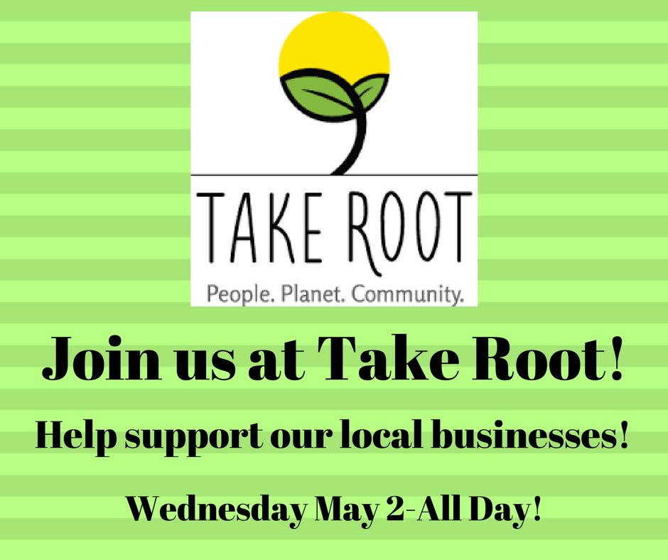 Join us ALL DAY today at Take Root!! Come enjoy some great good with all your friends while helping to support one of Kirksville’s favorite local businesses! Don’t pass up this opportunity for a great study break before finals! See you all at Take Root today!