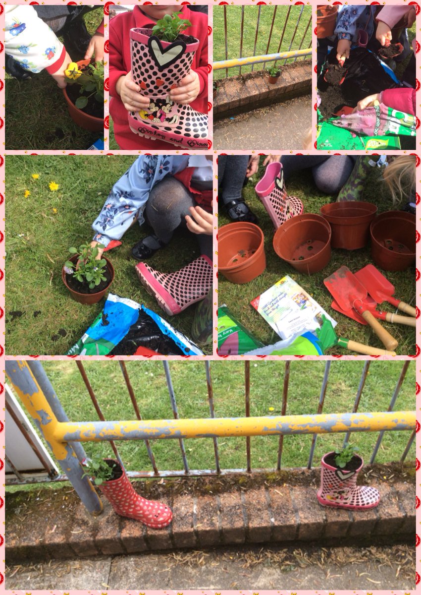 MrsJ7657's tweet photo. Class 1 planted flowers today to decorate the path to the nursery. They chose to plant their flowers in plant pots and wellies @llfiaclass1 https://t.co/dYBswEEPKx