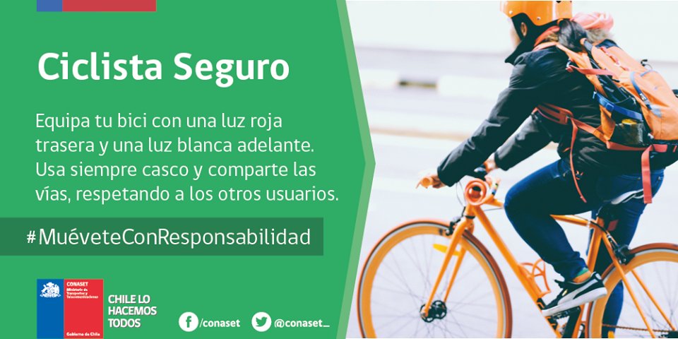 ⚠🚴‍ Ya sea en ciudad o en carretera, siempre debes tomar todos los resguardos necesarios para pedalear seguro en la vía. No olvides el casco, accesorios reflectantes y luces. ¡Evitemos siniestros en el tránsito! #MuéveteConResponsabilidad 👍

Otro consejo de @CONASET_