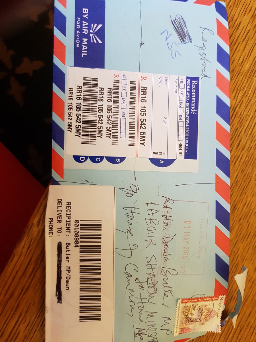 DawnButlerBrent's tweet photo. #Windrush yesterday I received this airmail letter. It is a sad story of a British Citizen who served in the war and had to return to Malaysia to care for his son who was sadly brain damaged. He buried his Son and tried to return home. He was refused. #ToryCoverUp https://t.co/UcR55L0UM3