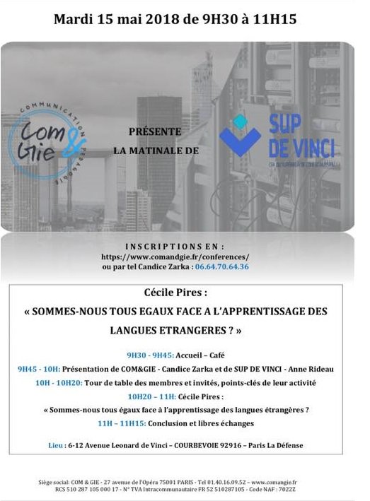 ProjectWorking's tweet photo. Sup de Vinci en partenariat avec Eureka Training Solutions et Com &amp; Gie vous présente sa prochaine matinale le 15 mai à 9h30 à la Défense dans les locaux de Sup de Vinci sur le thème de l'égalité face à l'apprentissage des langues étrangères.👉https://t.co/iRVJWEC4sE https://t.co/MSorqAPyBn