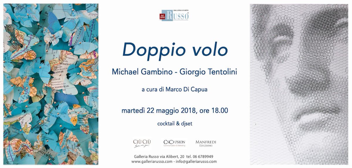 GalleriaRusso's tweet photo. #newexhibition in #rome #doppiovolo #giorgiotentolini &amp; #michaelgambino #artists #onshow opening 22 May 2018 6pm. Via Alibert 20 Roma https://t.co/AJ43ryxgNF