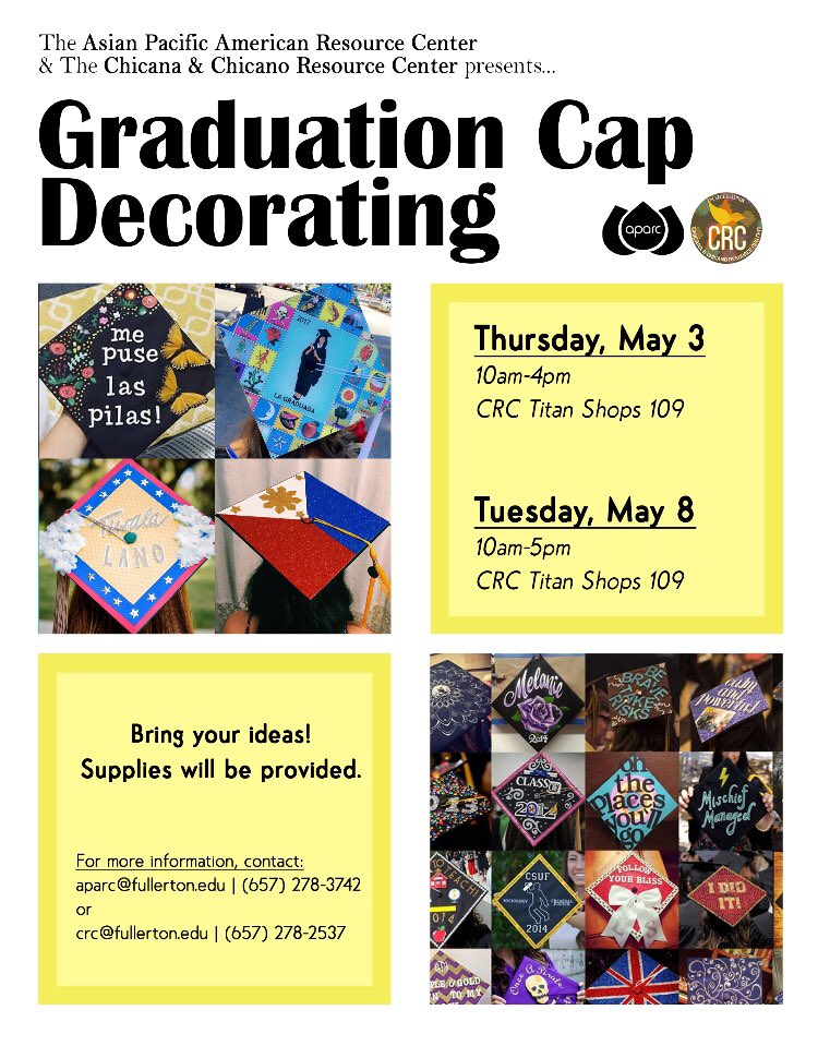 Tomorrow (May 3rd) and May 8th, @csufaparc and @crc_de_csuf want to celebrate your graduation by decorating your cap! 🎓✨