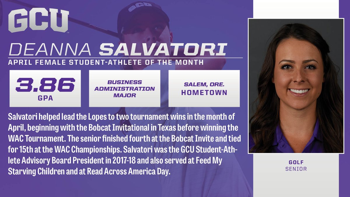 GCU_Lopes's tweet photo. Congratulations to @GCU_WGolf's and @gcusaac President Deanna Salvatori for being named a GCU Student-Athlete of the Month #LopesRising https://t.co/s3xmmGgQFk