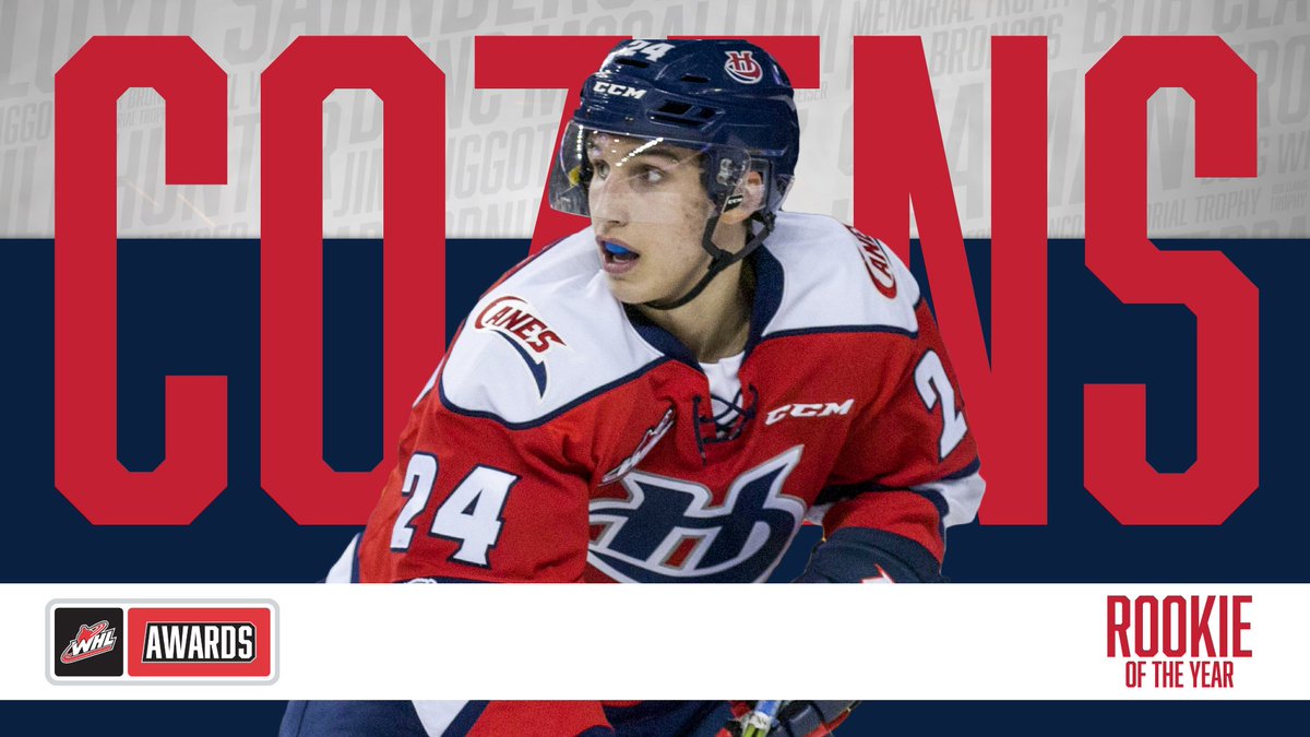 TheWHL's tweet photo. The winner of the 2017-18 Jim Piggott Memorial Trophy as the WHL Rookie of the Year is @Dylan_Cozens of the @WHLHurricanes! #WHLAwards https://t.co/a0dZREpt66