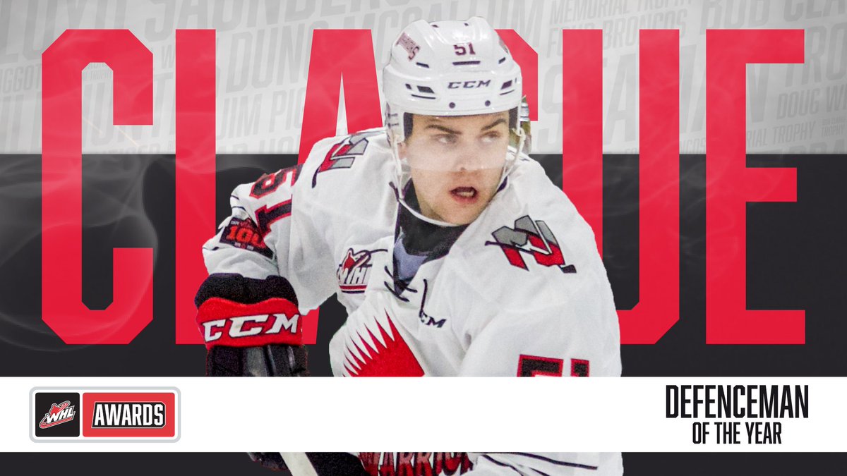 TheWHL's tweet photo. The winner of the 2017-18 Bill Hunter Memorial Trophy as the WHL Defenceman of the Year is @KaleClague of the @MJWARRIORS! #WHLAwards https://t.co/2lmIAuCIk4