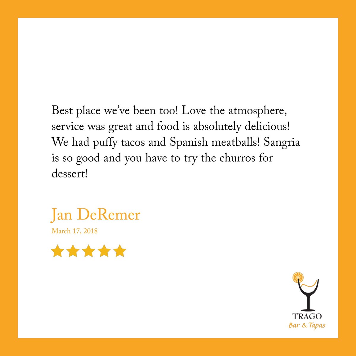 tragokc's tweet photo. We love hearing from our customers! Thank you for the kind review, Jan!

#TragoKC #Cocktails #Tapas #LibertyMO #KCMO https://t.co/faXhSZ9e63