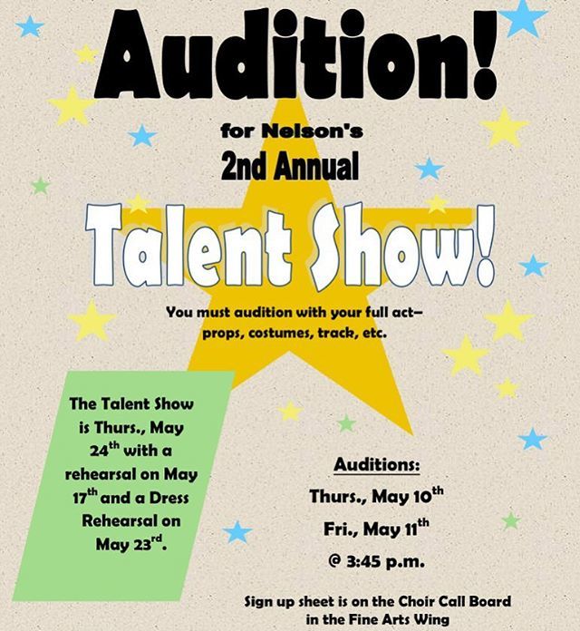 FISD_NelsonMS's tweet photo. Do you have a cool talent? Come audition for Nelson's 2nd Annual Talent Show on May 10th and 11th. The sign up sheet is on the Choir Call Board in the Fine Arts Wing. Don't forget you must come prepared to the audition and show us your whole act- props, … https://t.co/BBatUXIp0j https://t.co/eT3tJUIx26