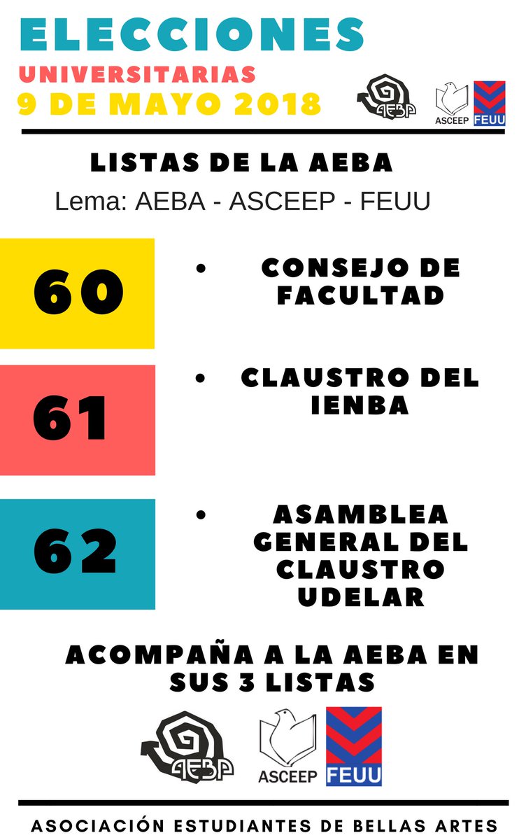 Este miércoles 9 de mayo pone las de la <a href="/aebacarajo/">AEBA - FEUU</a> respalda a la <a href="/asceepfeuu/">FEUU - URUGUAY</a> 
Listas: 6, 61 y 62, las listas de la aeba, las de todos los días!