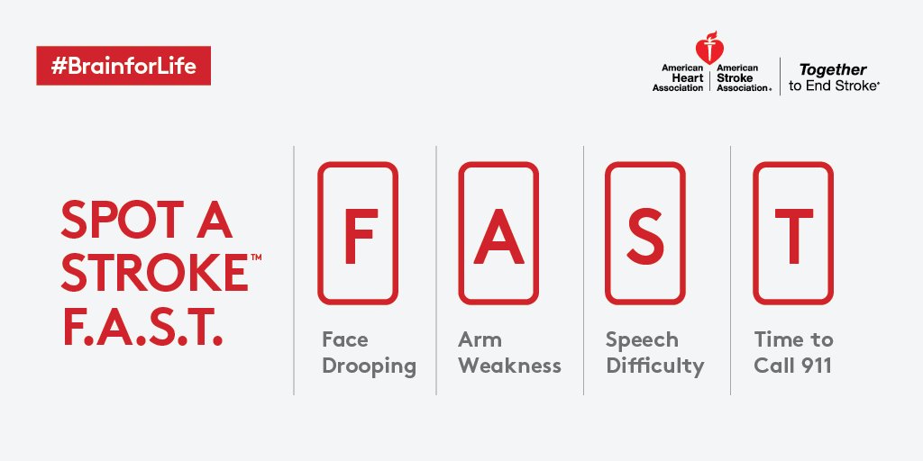 American_Stroke's tweet photo. A2 A stroke can happen to anyone at any time. Learn the signs Face Drooping, Arm Weakness, Speech Difficulty and Time to Call 911 immediately.- Dr. B #BrainForLife https://t.co/azowHbphBn