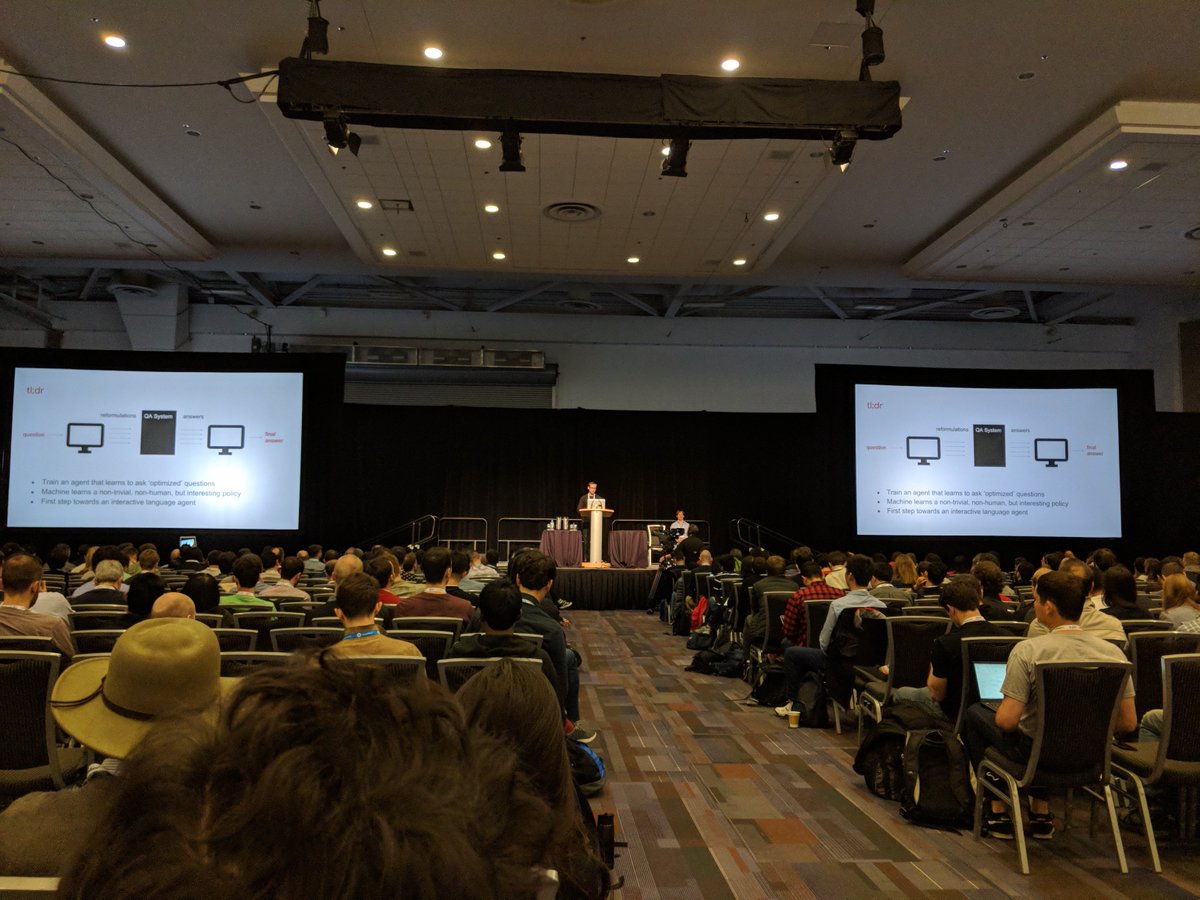 GoogleAI's tweet image. Google Zurich&apos;s Jannis Bulian (Software Engineer) and Neil Houlsby (Research Scientist) discuss a new framework that uses deep reinforcement learning to Ask the Right Questions, in an #ICLR2018 contributed talk. To learn more, check out the paper at goo.gl/3LZz8W
