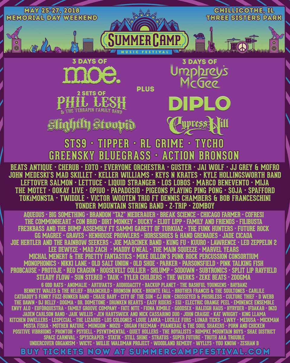We’re so excited to be playing <a href="/SummerCampFest/">Summer Camp Music Festival</a> this Memorial Day Weekend in Chillicothe, IL!
Buy tickets: SummerCampFestival.com
Earn a 3-day Pass by volunteering: SummerCampFestival.com/volunteer

#SCamp18