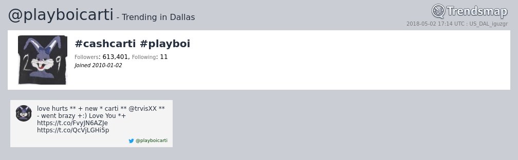 TrendsDallas's tweet image. #cashcarti #playboi, @playboicarti is now trending in #Dallas

trendsmap.com/r/US_DAL_iguzgr