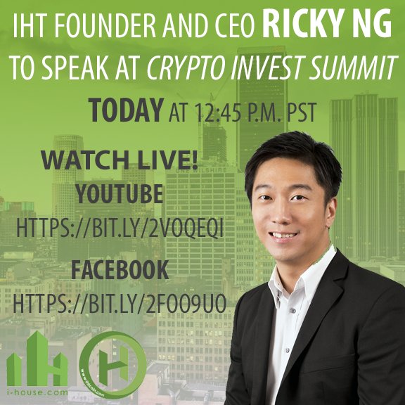 atoasset's tweet photo. Watch Ricky Ng talk about #IHT LIVE today from the @cryptoinvestsmt on Facebook or YouTube! #cryptocurreny #investments #blockchaintechnology #CryptoInvestSummit @ihtcoin https://t.co/EyLH17U782