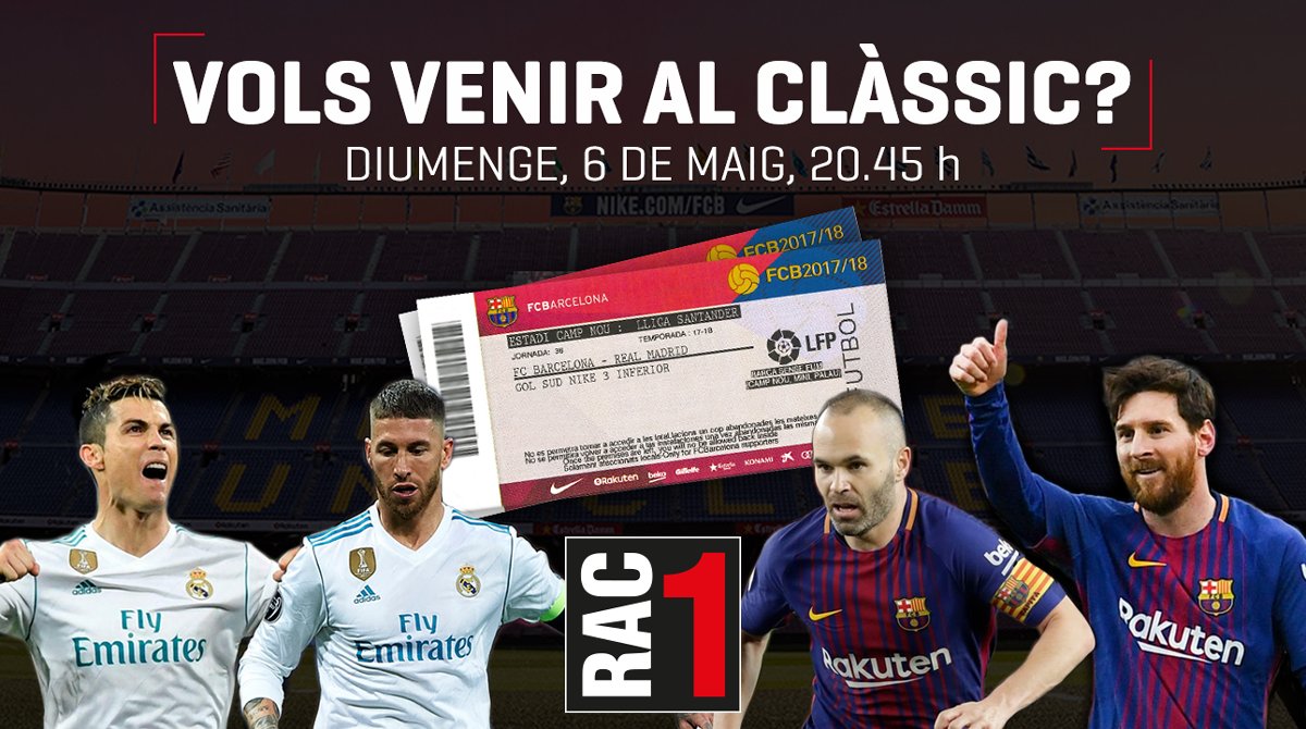 💥Al Clàssic amb @EsportsRAC1! 👉Fes un RETUIT per guanyar una entrada doble pel Barça🆚Madrid 🍀Sorteig dissabte al #TuDiràs #frac1