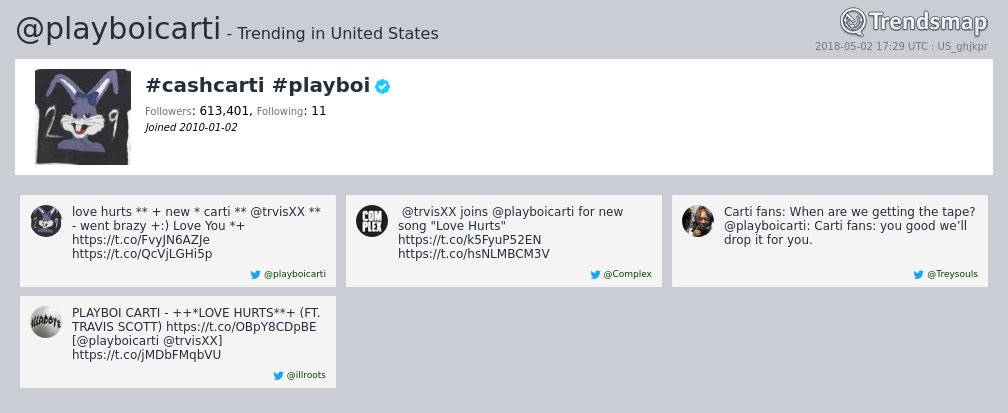 TrendsmapUSA's tweet image. #cashcarti #playboi, @playboicarti is now trending in United States

trendsmap.com/r/US_ghjkpr