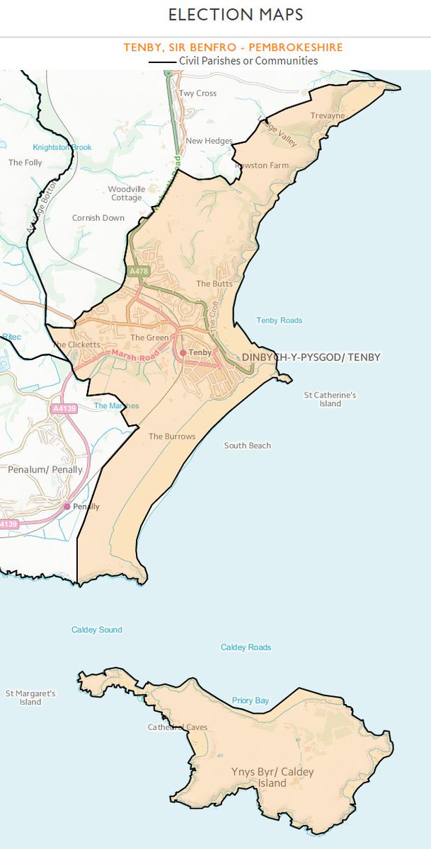 Ynys Byr / Caldey Island shown by Ordnance Survey election maps as part of Tenby community