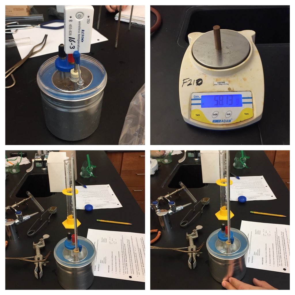 CCanfield100's tweet photo. My #chemistry students using what they’ve learned about #heat transfer to experimentally determine the #specificheat of some metal cylinders. Q gained by water = Q lost by metal. Final temperature is same for both, but 🔼T is not! #NewtownHS #science #laboratory #thermochemistry https://t.co/zJDx2e8YKS