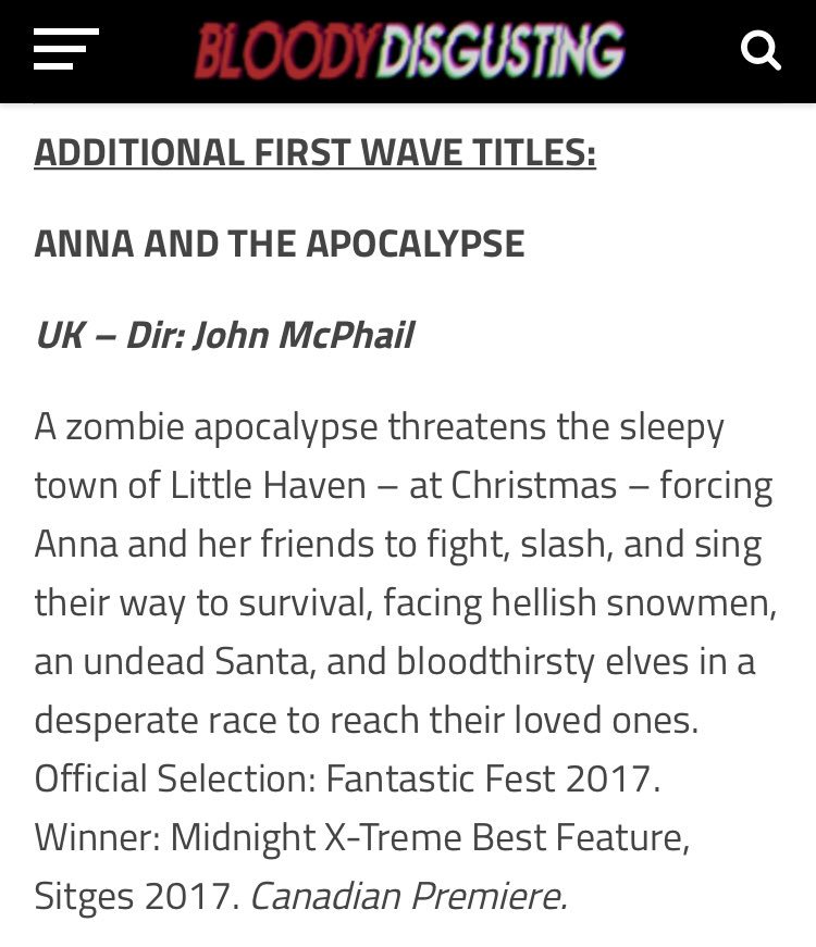 Get ready to celebrate Christmas in July! #AnnaAndTheApocalypse to have a Canadian Premiere at the legendary #FantasiaFest! 🎄 
Read more about the first wave of titles on <a href="/BDisgusting/">Bloody Disgusting</a>: bit.ly/2HK1XLH ⛄️ #AATApocalypse