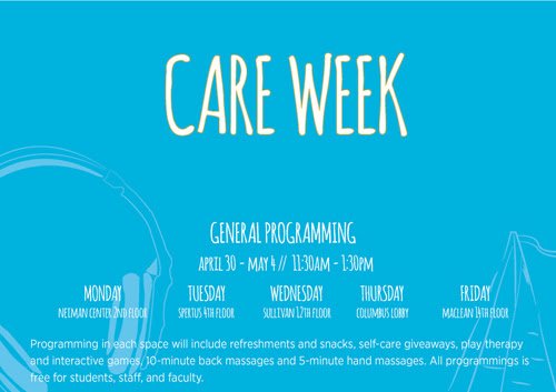 SAIC_Graduate's tweet photo. It's Care Week and there are multiple events this week meant to help you chill out and relax including massages and fun snacks as well as interactive games! #chillout #careweek #destress https://t.co/Y3AlBECPo2