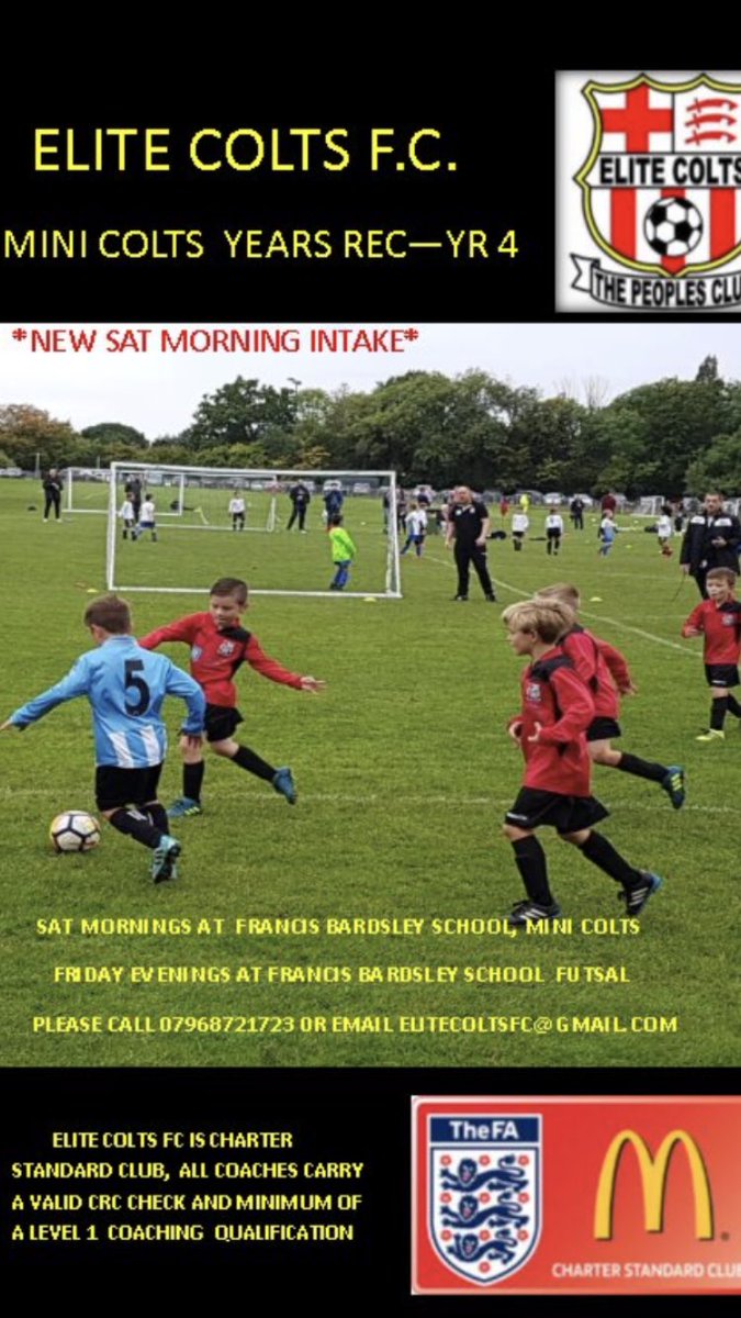 #squadbooster Sat morning mini colts academy at Francis Bardsley 11-12 am u6-u9 
Charter standard club 
07968721723
