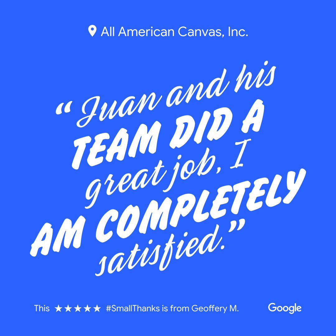 AAcanvasinc's tweet photo. It always feels good when we hear from a real, happy customer! #happycustomer #wetryourbest #weworkhard #smallbusiness #boatcovers #awnings #shadepanels #biminis #canvas #cabanas #custommade #USA https://t.co/dyGG0H3Q9X