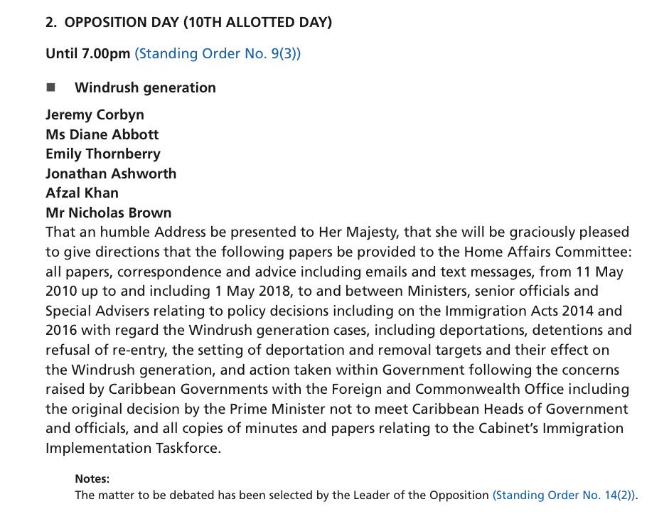 labourwhips's tweet photo. So for the first time in this Parliament the PM is ordering her MPs into the lobbies to oppose Labour’s opposition motion which would get to the bottom of the Windrush Scandal. Cover up. Result at 715 https://t.co/1unO4v7aUU