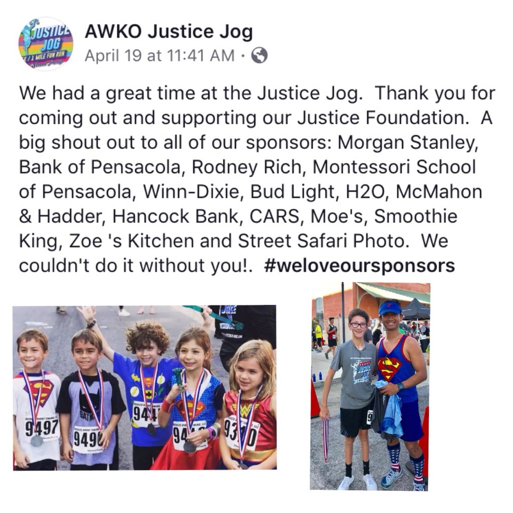 AWKOFoundation's tweet photo. Just want to thank all our sponsors again from our successful #JusticeJog @JusticeAttys !
Thanks to @MorganStanley @BankofPensacola @MontessoriPcola @WinnDixie @budlight @AndHadder @h2odistributors @HiltonPcolaBch @Moes_HQ @SmoothieKing @ZoesKitchen and #StreetSafari ! https://t.co/C0ADZr2TkQ