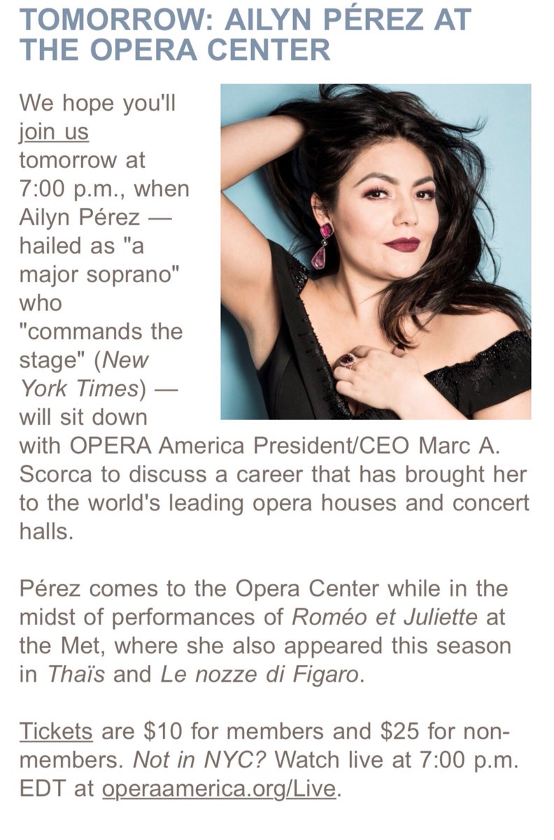ailynperezsop's tweet image. Tomorrow! @OPERAAmerica 7 PM EST 👉🏼 Tix &amp;amp; livestream: operaamerica.org/Content/OperaC… #OperaAmerica #ConversationSeries #Vamosalaopera ✨