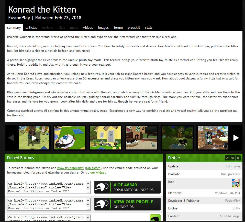 FusionPlayGames's tweet image. We reached rank 4 of 46649 on @IndieDB! We know this is a temporary thing but we just wanted to celebrate it with all fans of our virtual kitten. #vr #virtualcat #steam #indiedb #kitten