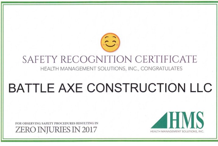 BACConstruction's tweet image. Battle Axe Construction prides itself on providing quality service to our clients and executing it safely. We are pleased to inform you that we have received the Safety Recognition Award for zero work site injuries during 2017. "On Time. On Budget and Safely.” #safetyfirst #safe