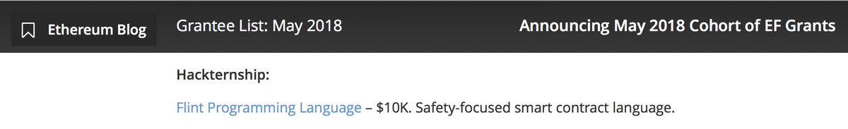Exciting news for safer smart contracts: Flint (flintlang.org) has been awarded a $10K grant from the Ethereum Foundation! Thank you, <a href="/ethereum/">Ethereum</a>!

blog.ethereum.org/2018/05/02/ann…