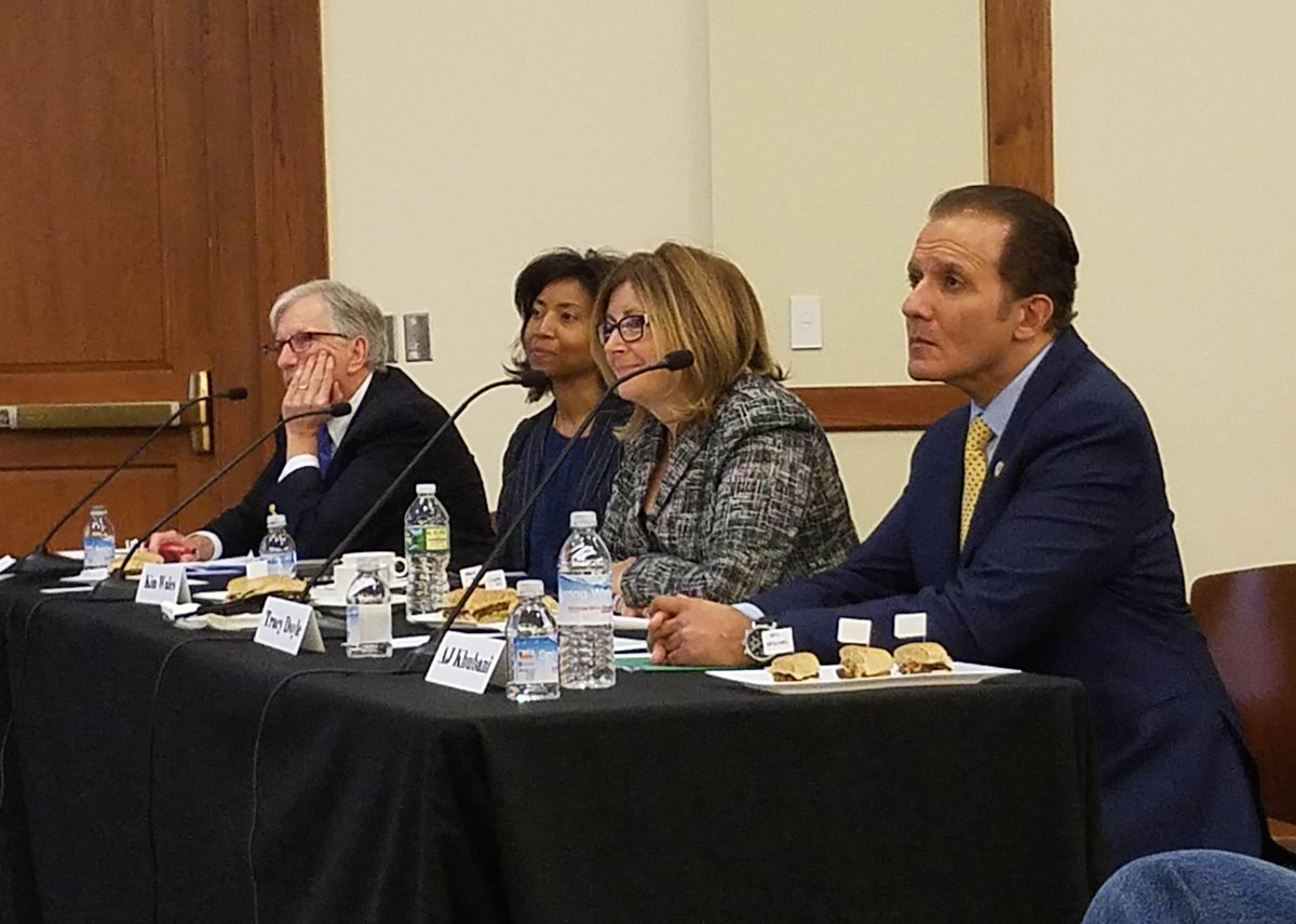 FelicianoCenter's tweet photo. Our #MSUpitch finals judges are, from left, @DennisBone2, @KimWales1 &amp; two @MontclairAlumni Tracy Doyle @PhoenXGroup and @AJKhubani @BulbHeadIdeas. @montclairstateu  #BrightIdeas https://t.co/AM4gf5Qy4Q
