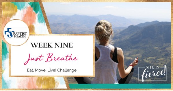 BaptistHealthJx's tweet photo. We're on Week 9 of our #EatMoveLive Challenge with @SheIsFierceHQ. This week practice taking intentional deep breaths. Breathing deeply can help calm nerves, reduce stress, and improve blood pressure readings. Learn more at https://t.co/cGxNo89JOI #4herJax https://t.co/5qGj5QAgm2