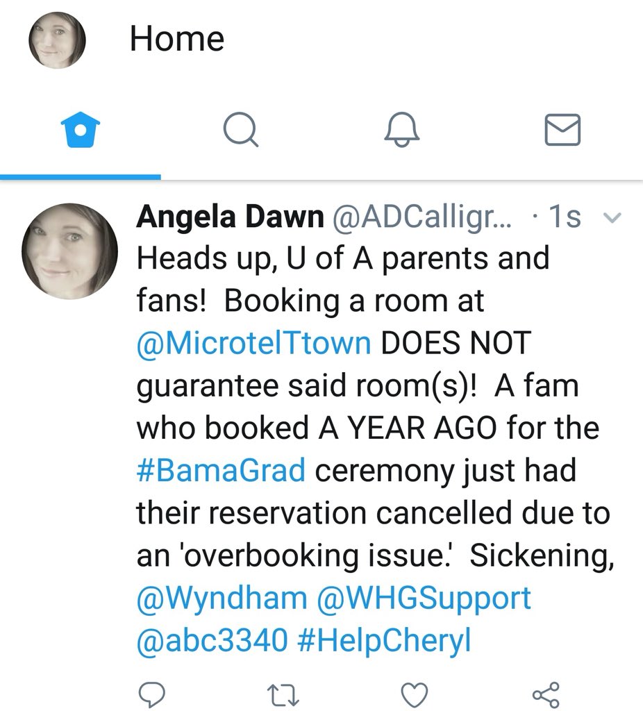 berta4k's tweet photo. Please #retweet #twitter sphere!!! Horrible thing to happen to an innocent family with a valid #reservation. Family needs their hotel room to attend #universityofalabamagraduation @Microtelhotel @wyndham @WHGSupport @abc3340 #HelpCheryl https://t.co/uTXFzDV3OY