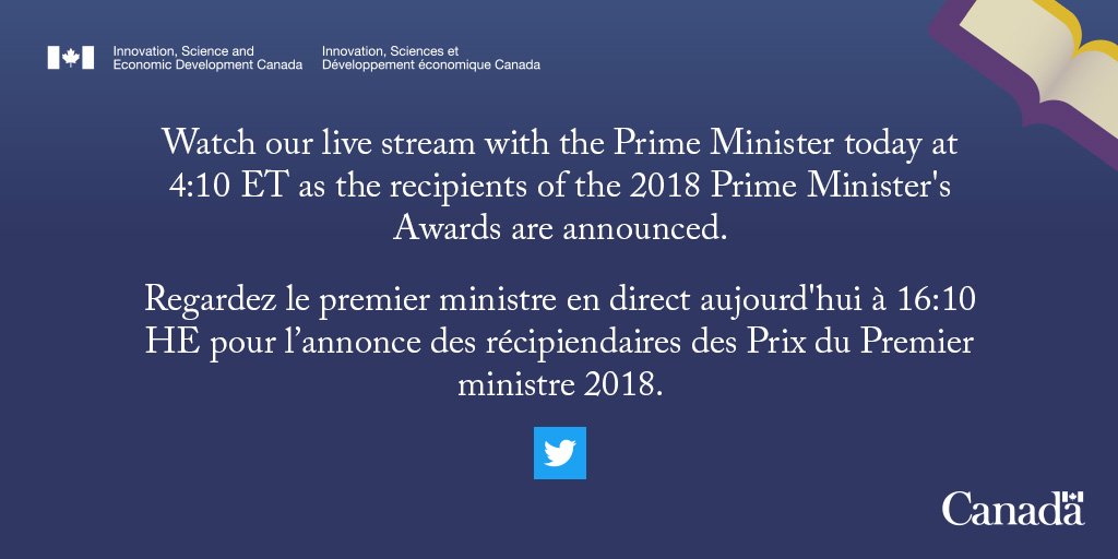 ISDE_CA's tweet photo. Suivez la diffusion en direct de la remise des #PrixduPM de 2018 par le premier ministre aux meilleurs éducateurs du Canada aujourd'hui à 16 h 10 (HE). https://t.co/5z7Mt2uSzx