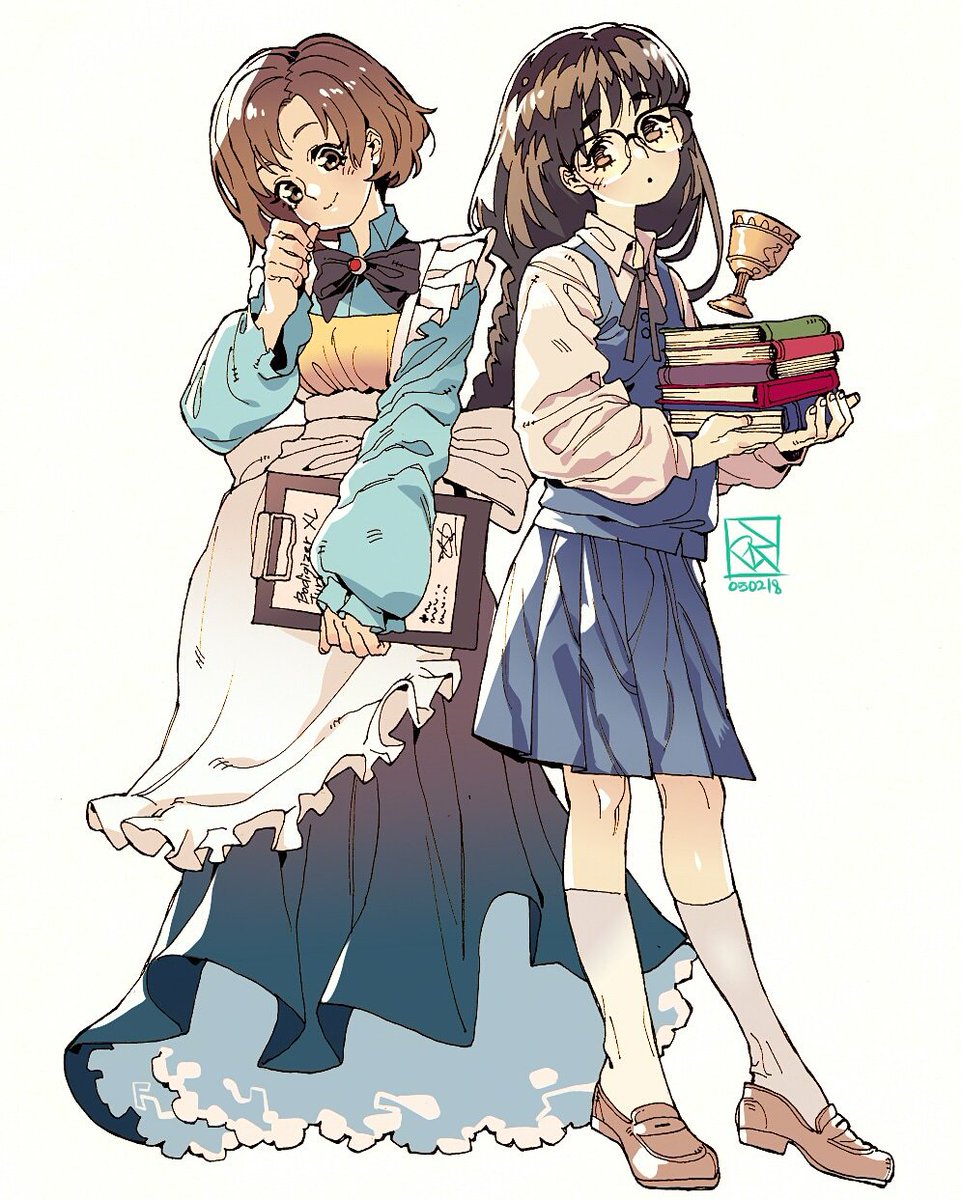 multiple girls 2girls brown hair book glasses holding apron  illustration images