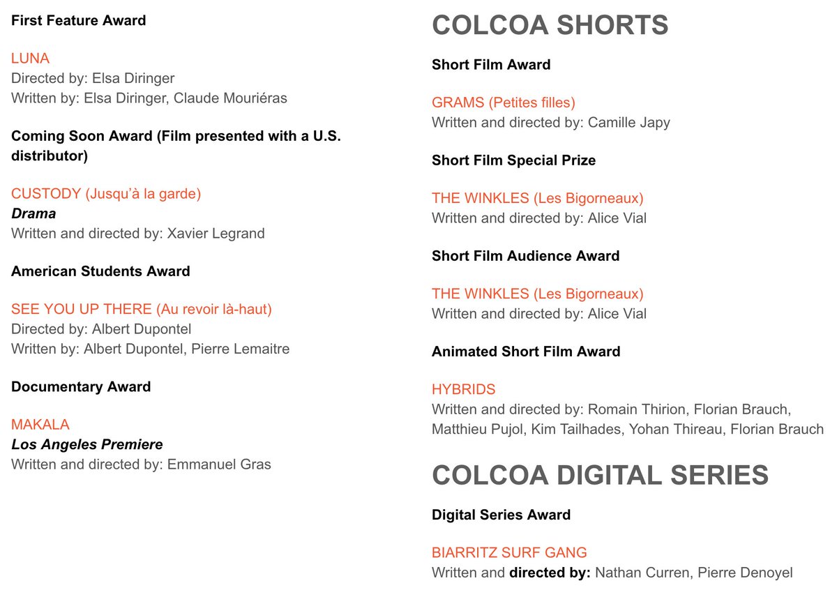 theUSFrenchFF's tweet photo. Congratulations to all of our award winners at #COLCOA2018! And a big MERCI to everyone who came out to support our annual celebration of french cinema in Los Angeles! https://t.co/YH6Ehl0NLW