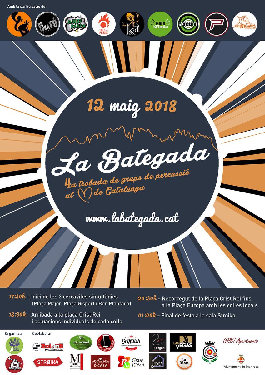 Atenció! El proper dissabte 12 de maig torna... La Bategada de #Manresa!! 🙌🙌 La trobada de percussió del cor de #Catalunya arriba a la 4a edició amb més energia que mai. T'ho perdràs?? 😉