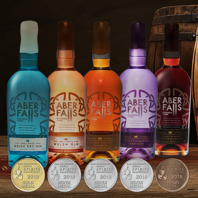 aberdistillery's tweet photo. Enjoy one of our #awardwinning spirits... 
Aber Falls Welsh Dry #Gin has been awarded gold at the @SFWSpiritsComp. Silver for our Orange Marmalade Gin, Salted Toffee Liqueur &amp; Violet Liqueur &amp; bronze for our Dark Chocolate &amp; Coffee Liqueur... Iechyd da! #SFWSC2018 #NorthWales https://t.co/oIzAMF4qaT