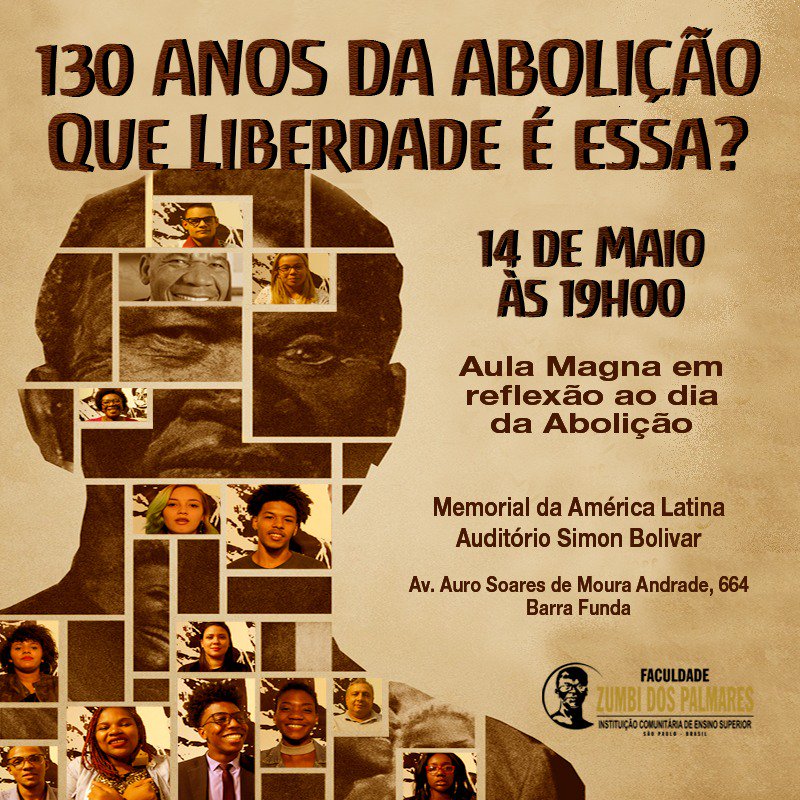 O que é liberdade para você? 
Nesta semana iremos abordar este tema com uma campanha realizada com os alunos da Faculdade.Nesta noite daremos abertura à reflexão sobre abolição no Brasil. Iniciaremos com a apresentação do Coral às 18h30, entre outras atividades, durante a semana.