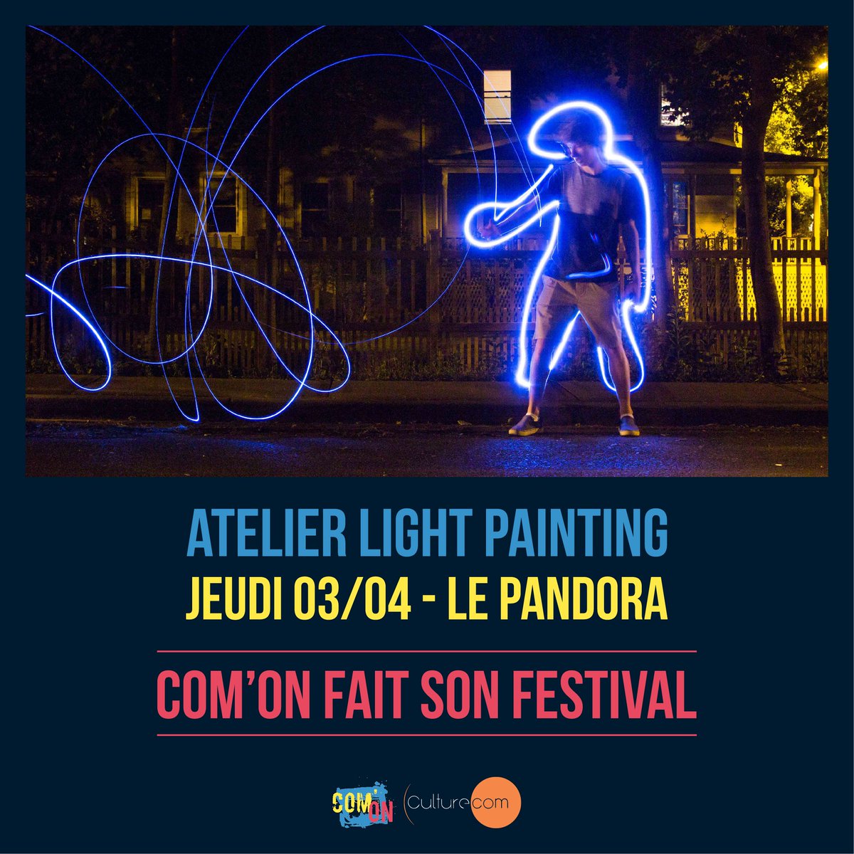 CulturePointCom's tweet photo. Préparez vos plus beaux dessins (lumineux), car nous organisons un atelier light painting à partir de 20h30 au Pandora, à l'occasion du festival organisé par Com'on ! https://t.co/AC1saecm9i