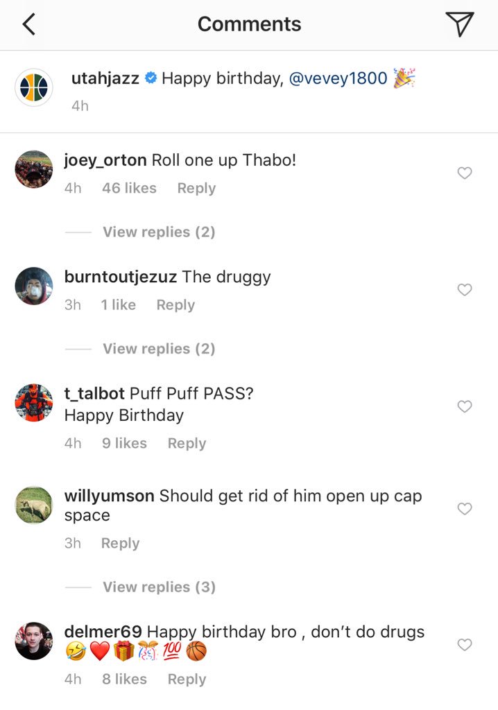 Comments on a happy birthday post from the Jazz to Thabo Sefolosha. 