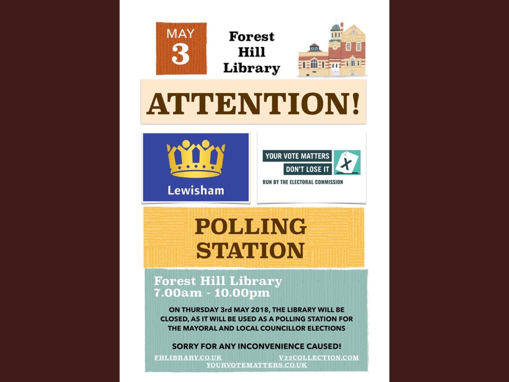 Sugar Mountain (@paulinewright2) on Twitter photo <a href="/LibrarySE23/">๐๐๐Forest Hill Library ๐๐๐</a> will be closed tomorrow Thursday 3/5 except for voting!
Please come along & vote from 7am-10pm if this is your Polling Station.
Every vote counts!
#ForestHill #SE23 #Lewisham #Vote <a href="/LibrarySE23/">๐๐๐Forest Hill Library ๐๐๐</a> will be closed tomorrow Thursday 3/5 except for voting!
Please come along & vote from 7am-10pm if this is your Polling Station.
Every vote counts!
#ForestHill #SE23 #Lewisham #Vote