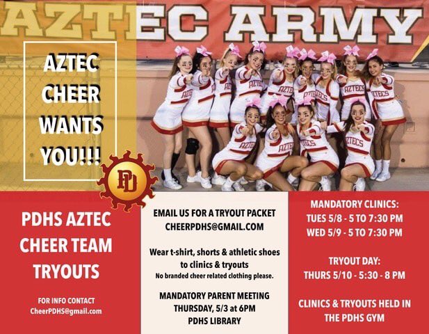 PdhsFootball's tweet image. Calling all future Aztec cheerleaders, tryouts are next week! Mandatory parent meeting is TOMORROW. Email cheerpdhs@gmail.com for more info. Go Aztecs! #PDAztecPride #AztecTribe #AztecNation #AztecArmy