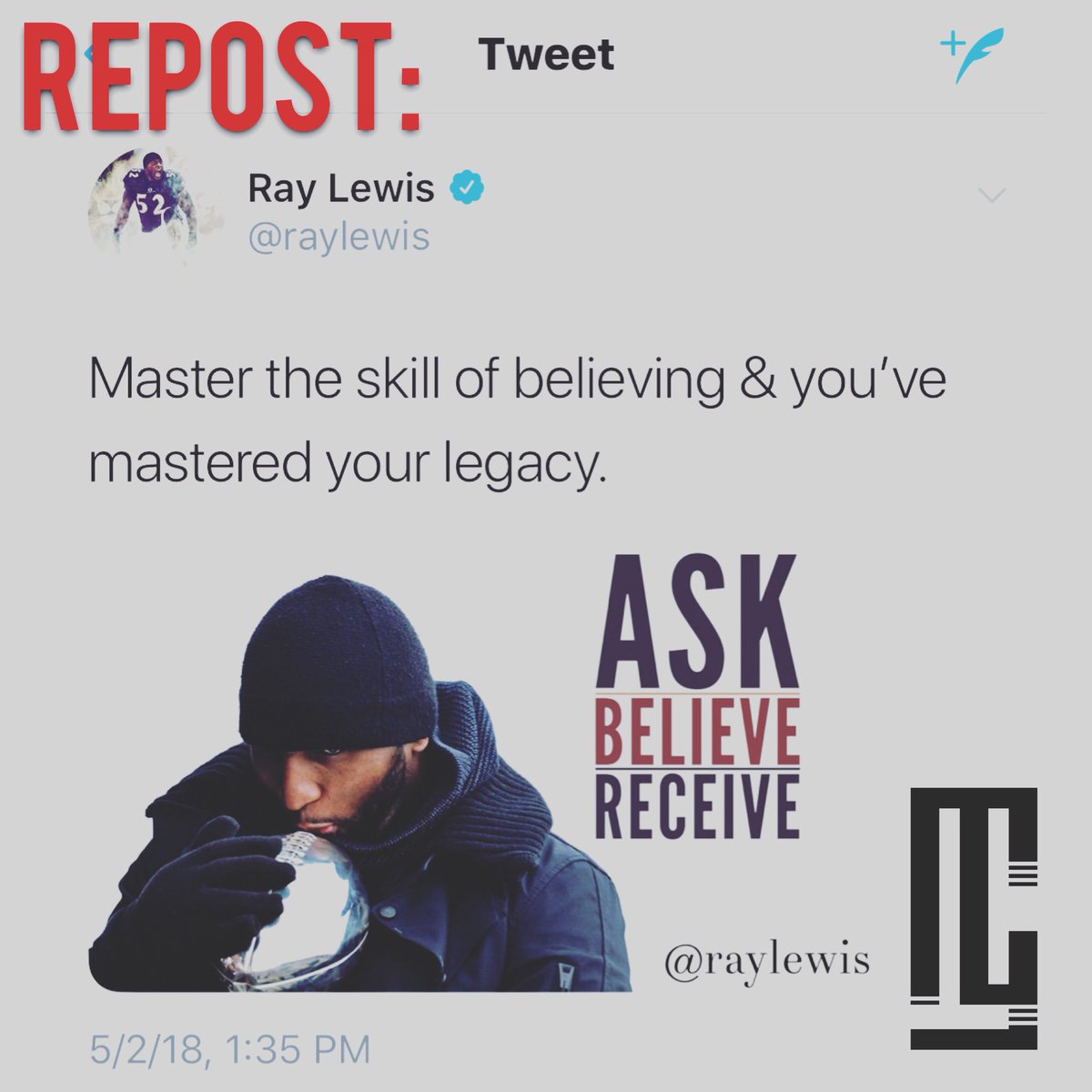 theMYCstudy's tweet photo. Ray Lewis repost: @raylewis - Mastering Belief // #masteryourcraft #themycstudy #craftmastery #mycathletes #athletes #football #footballplayer #footballquotes #sports #sportsquotes #inspiration #motivation #motivationalquotes #greatness #striveforgreatness #success #coaching https://t.co/6g1OyHWp7n