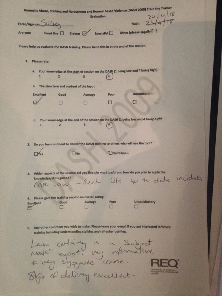dashchecklist's tweet image. We are discussing new November dates for #DASH Masterclass and Train the Trainer Training and #PreventingMurderInSlowMotion - Coercive Control and stalking behaviour, risk and law Masterclasses. You can register your interest by emailing  jenny@laurarichards.co.uk