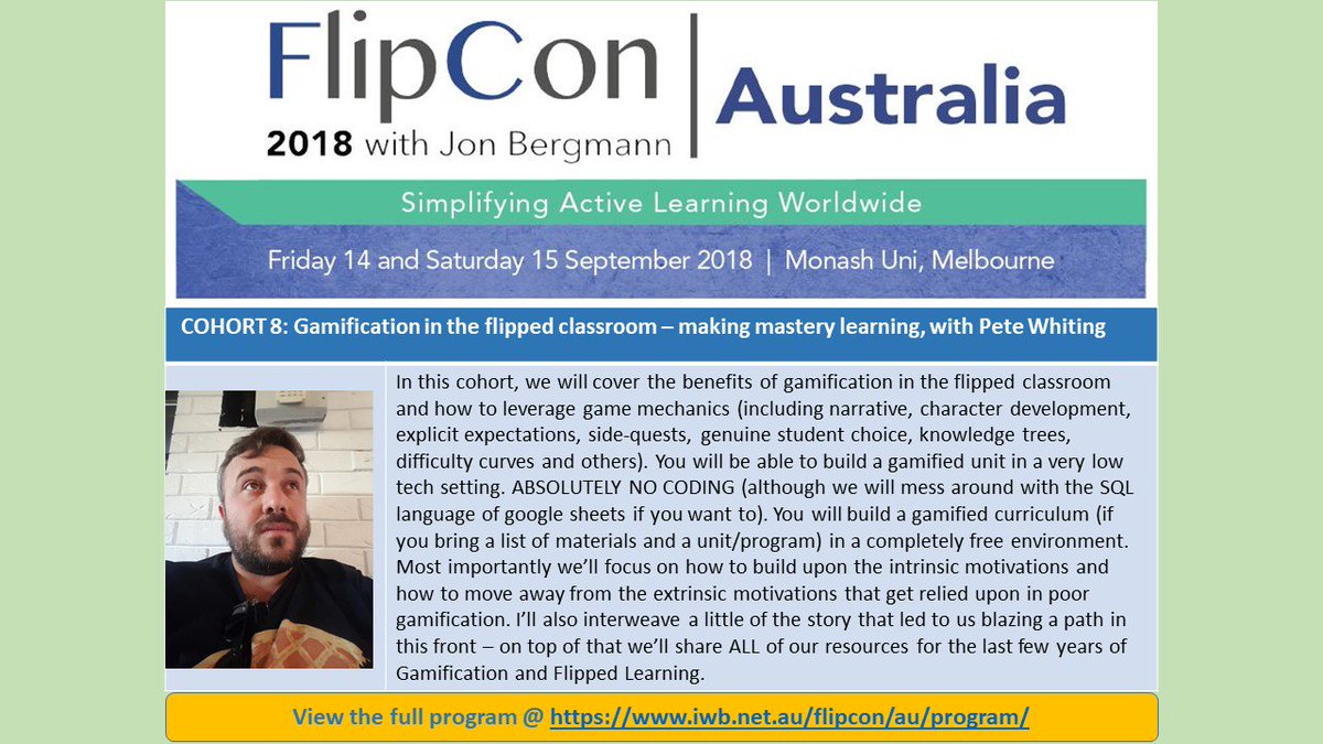 IWBNet's tweet photo. Spend a day working with @Mr_van_W learning about Gamification in the Flipped Classroom - He will be sharing ALL of his resources for the last few years of Gamification and Flipped Learning #gamification #flipped #FlipConAUS @aimeeshack @chickoreid @JoannecWard @jonbergmann https://t.co/gwHlnEaJil