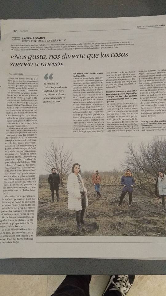 laninahilo's tweet photo. Pablo Cabeza..GARA.....
 En la historia de Murchante no habrá habido muchas bandas, pero cuenta con La Niña Hilo, un proyecto que se sitúa entre lo mejor del pop-rock peninsular. La voz de Laura es peculiar, un eco mágico coloreado con ductilidad imposible. https://t.co/EPlF7PCavh